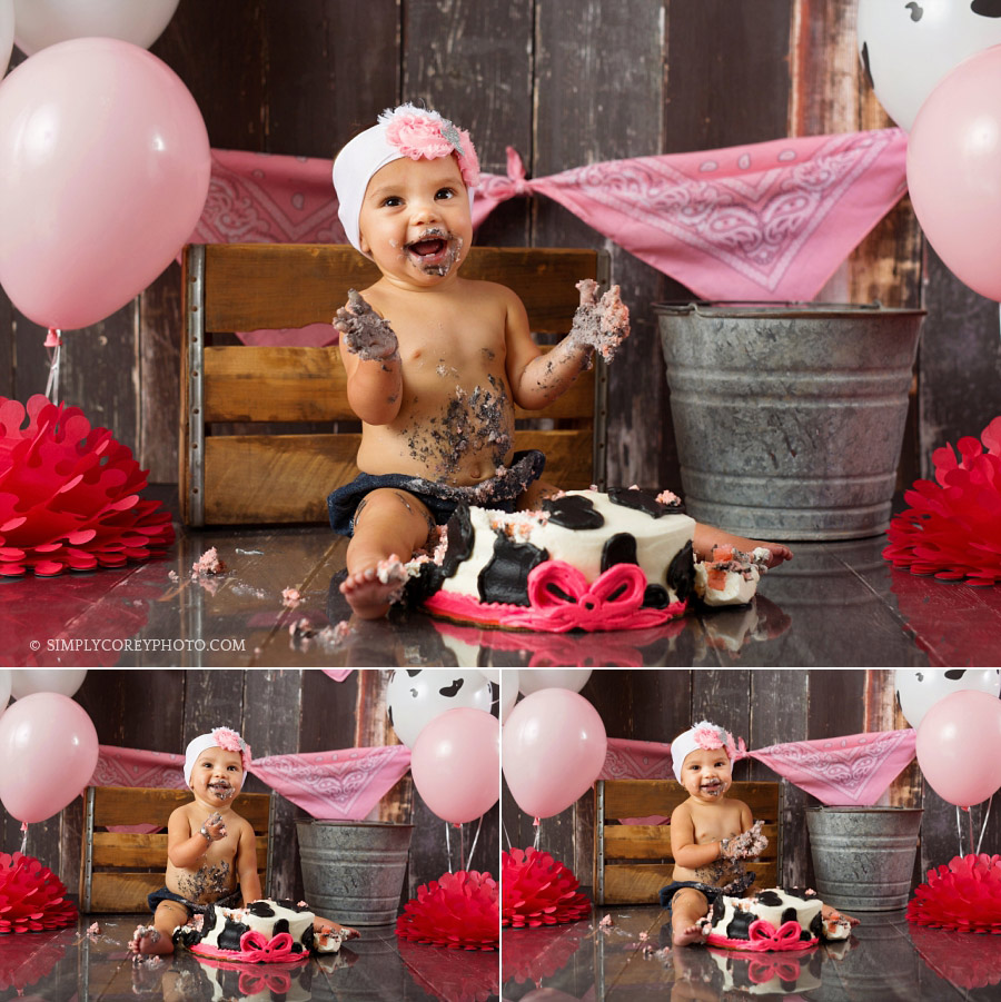 Villa Rica cake smash photographer cow balloons with pink decorations