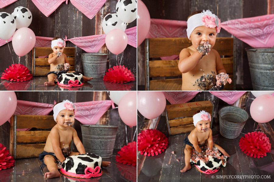 pink and cow decorated cake smash Villa Rica baby photographer