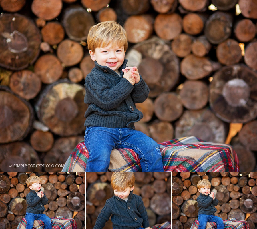 Douglasville baby photographer, toddler boy near a wood pile 