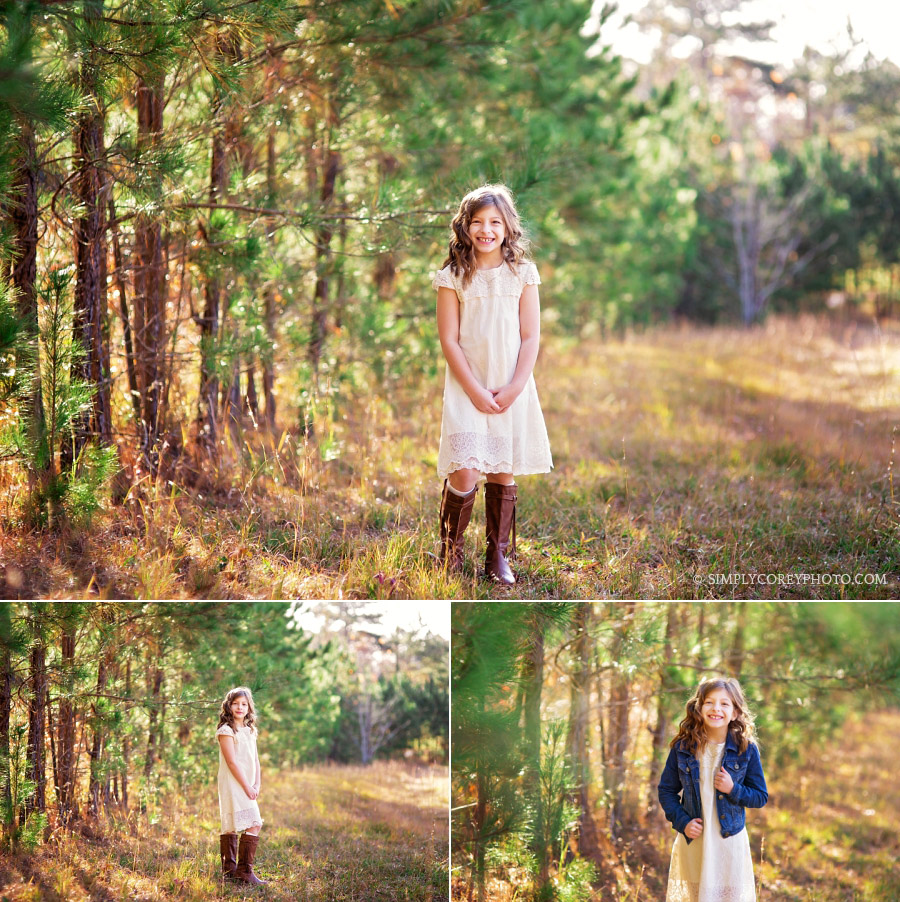 portraits of a girl near pine trees by Carrollton children's photographer
