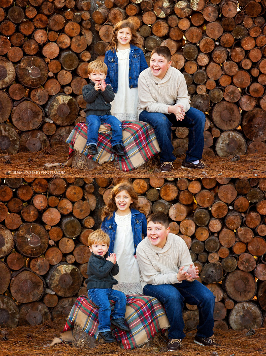 three siblings near a wood pile by Newnan family photographer