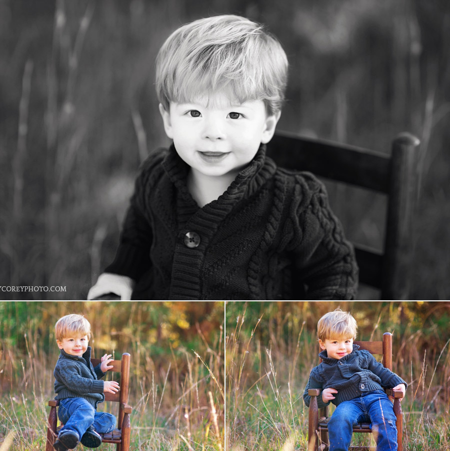 toddler boy in a field with a chair by Villa Rica baby photographer