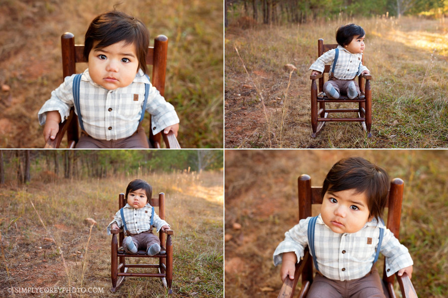 Carrollton baby photography of a boy outside in a rocking chair