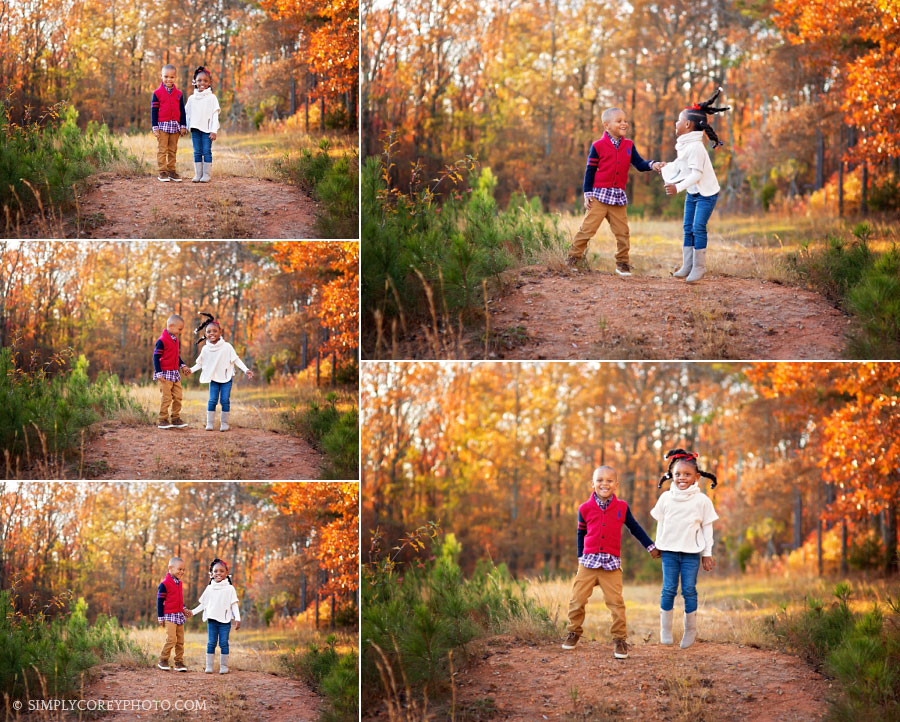 fall portraits of kids jumping outside by Atlanta children's photographer