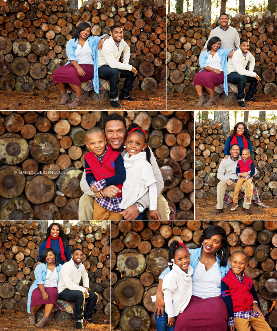 outdoor portraits with a log wood wall by Carrollton family photographer