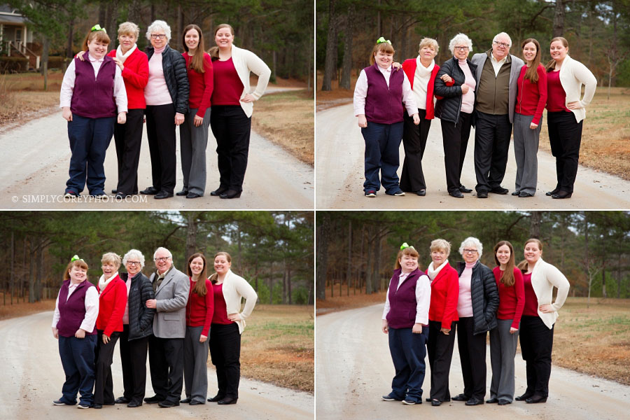 Carrollton extended family photography of winter portraits on dirt road