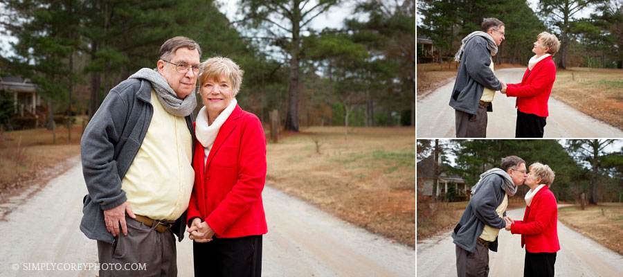 older mom and dad on a country road by Douglasville couples photographer