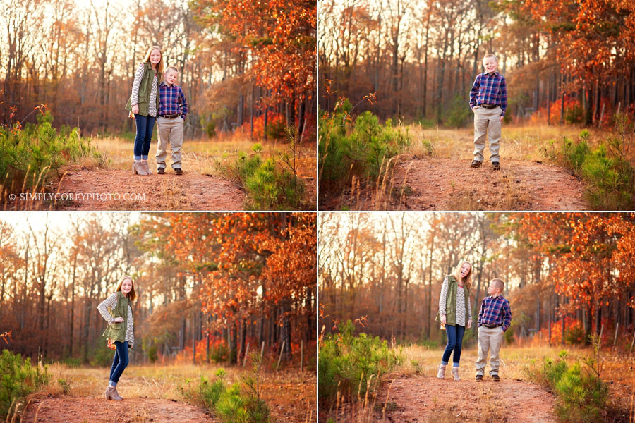 Carrollton children's photographer, siblings outside with fall trees