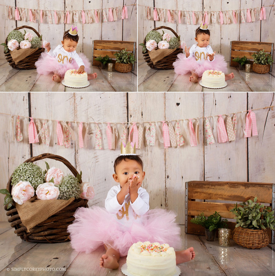 cake smash photographer Atlanta, baby girl with a pink and gold theme