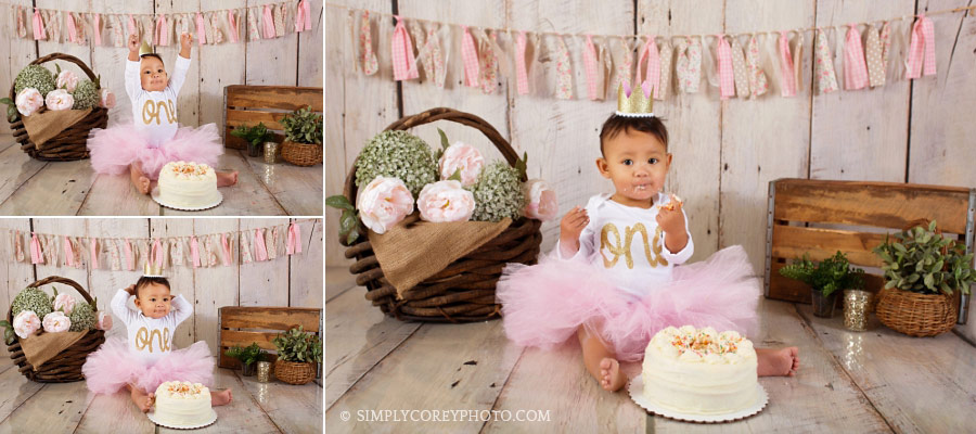 cake smash photographer Carrollton, baby girl in a pink tutu and gold crown