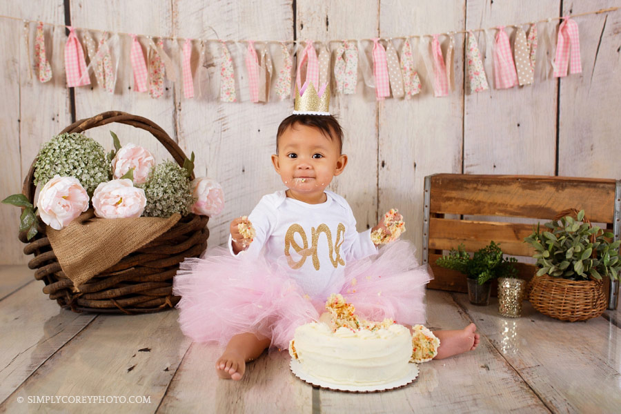 Carrollton cake smash photographer, baby girl with a pink tutu and gold crown