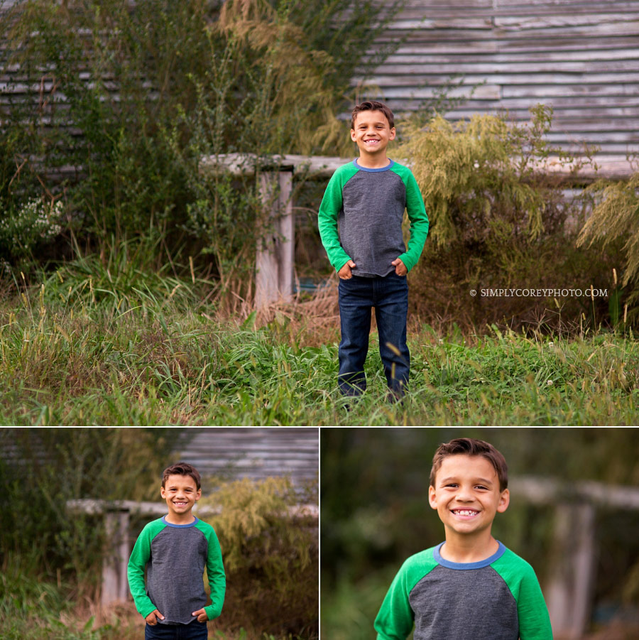 Atlanta tween photography of a child outside a grey barn in the grass