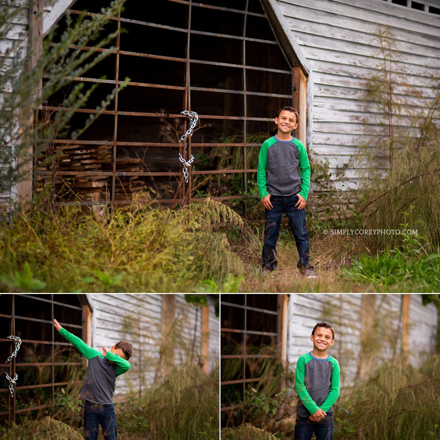 Carrollton child photographer, portraits of a tween boy by a barn