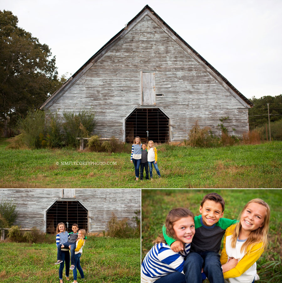 Carrollton, Georgia family photographer, children outside triangular barn