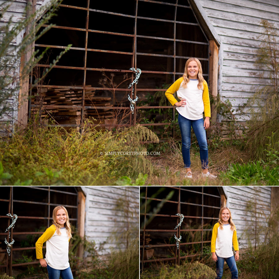 Douglasville tween photographer of a girl outside a barn gate