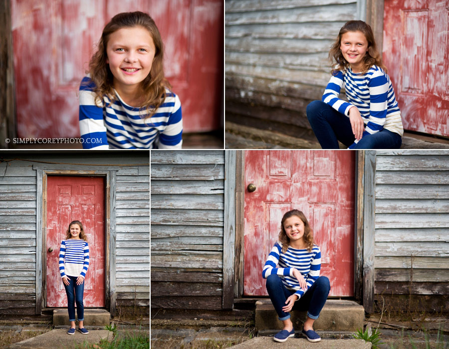 Newnan children's photography of a tween girl in front of a barn with a red door