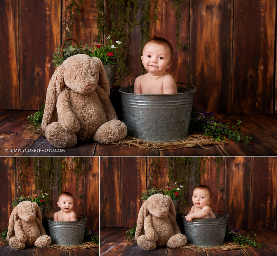 baby photographer Villa Rica, boy in a bucket with a bunny in studio