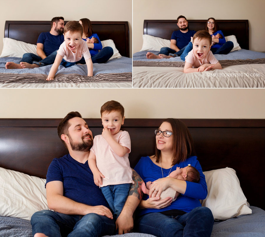 newborn photographer Villa Rica, family lifestyle photos on a bed