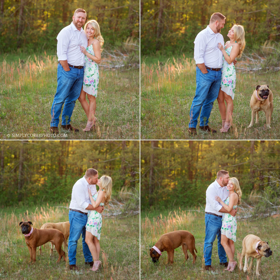 family photographer Atlanta, couple with two Mastiffs outside in a field