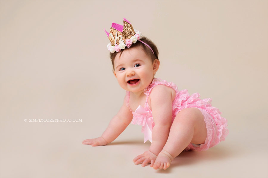 Carrollton baby photographer, girl in pink lace romper with crown