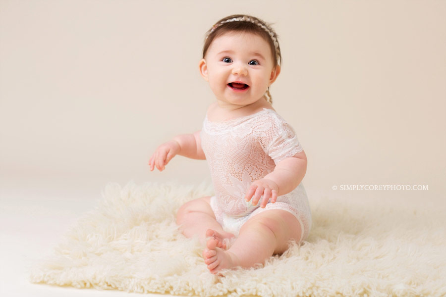 Douglasville baby photographer, baby girl in lace on fur