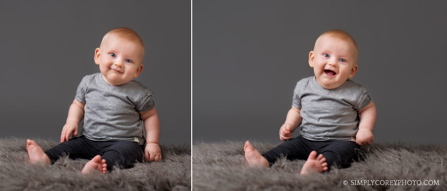 baby photographer Villa Rica, boy sitter session with grey studio backdrop