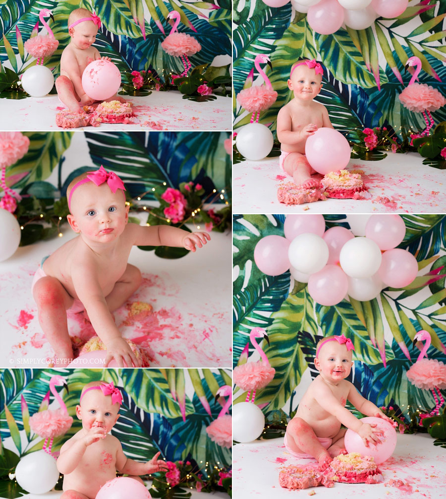 Atlanta baby photographer, tropical flamingo cake smash session in studio