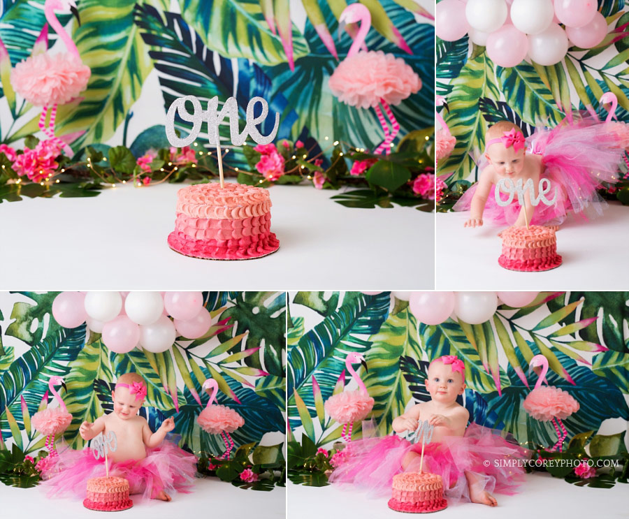 Atlanta cake smash photographer, girl in a pink tutu with a flamingo cake smash
