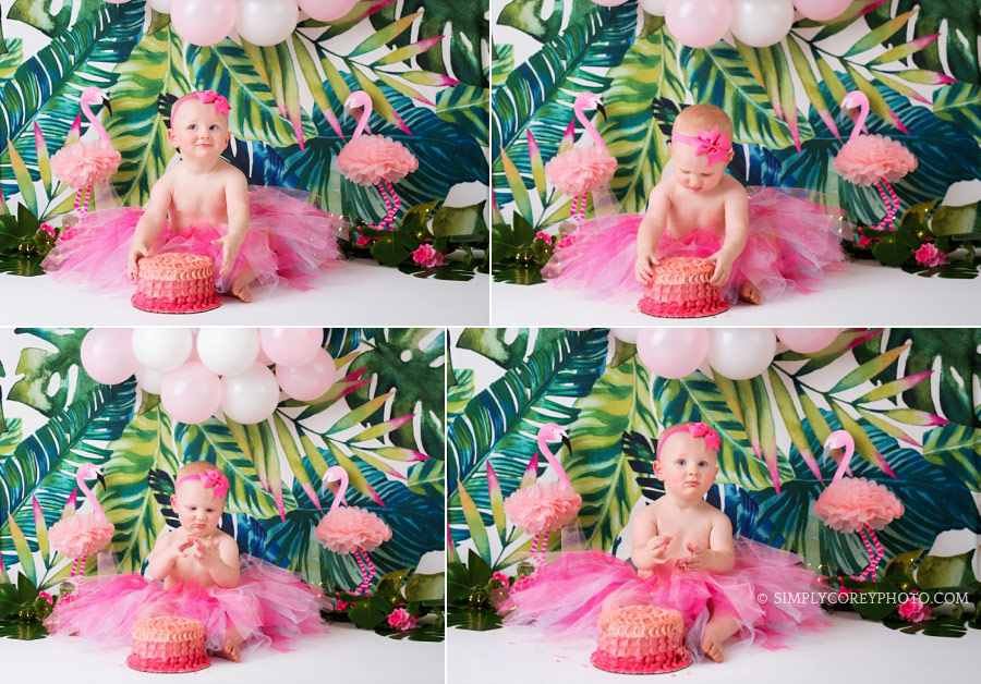 Bremen cake smash photographer, girl in a pink tutu with a tropical flamingo theme