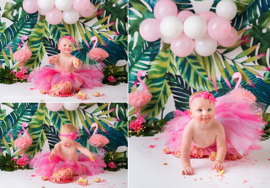 cake smash photographer near Carrollton, Georgia; tropical flamingo theme with a pink tutu