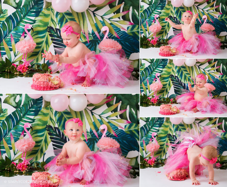 cake smash photographer near Douglasville; girl in pink tutu with a tropical flamingo theme