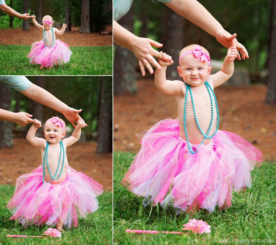 Carrollton baby photographer, baby girl in tutu and pearls outside
