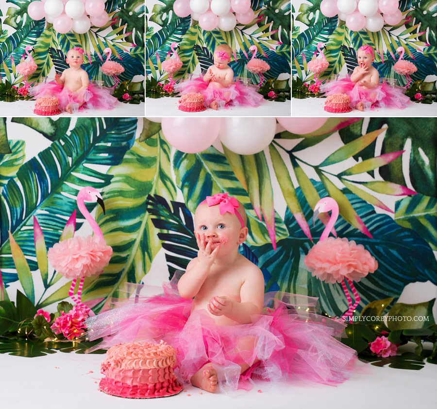 Carrollton cake smash photographer, girl with pink cake for a tropical flamingo theme