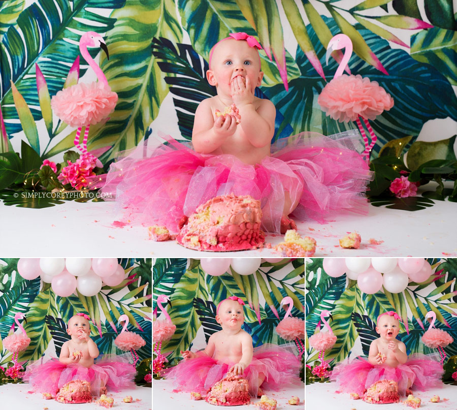 Douglasville cake smash photographer, baby girl in a pink tutu making funny faces