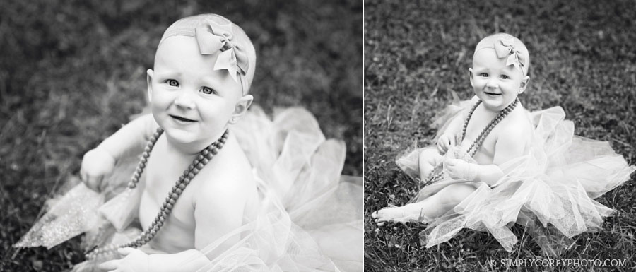 Newnan baby photographer, girl in tutu outside in black and white
