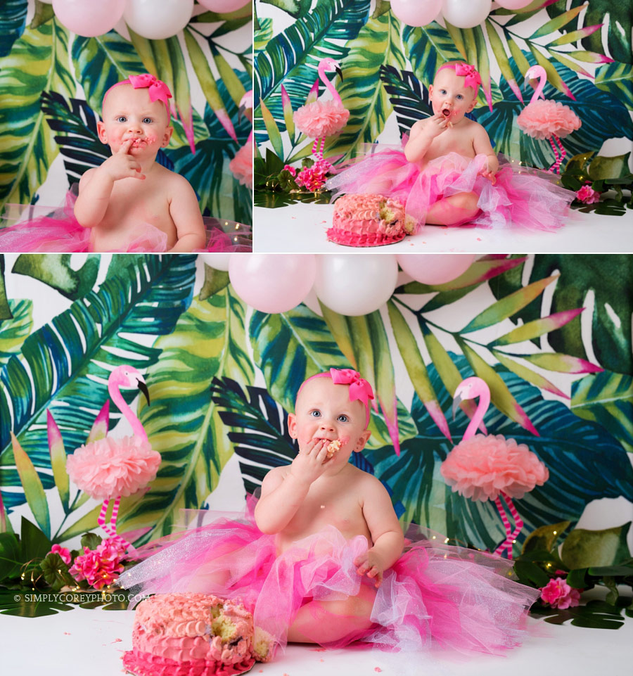 Villa Rica cake smash photographer, pink ombre cake for a tropical flamingo theme