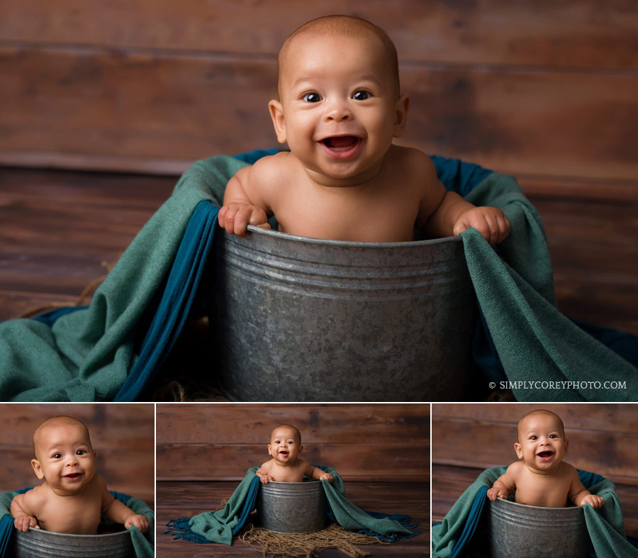 Carrollton baby photographer, 4 month old baby boy in a bucket