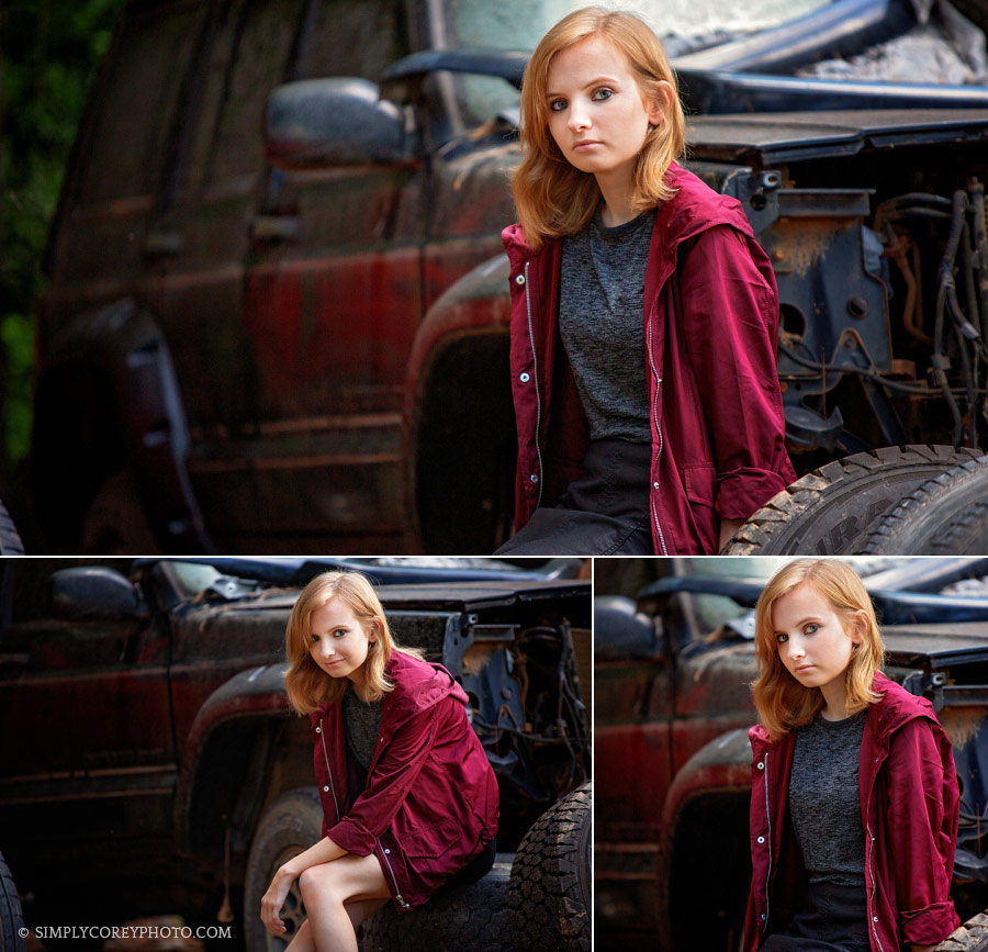 Atlanta senior portraits of a teen girl by a rundown jeep