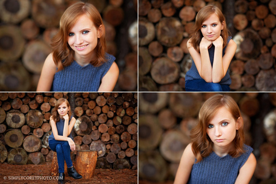 Bremen senior portrait photographer, teen girl outside by a log wall
