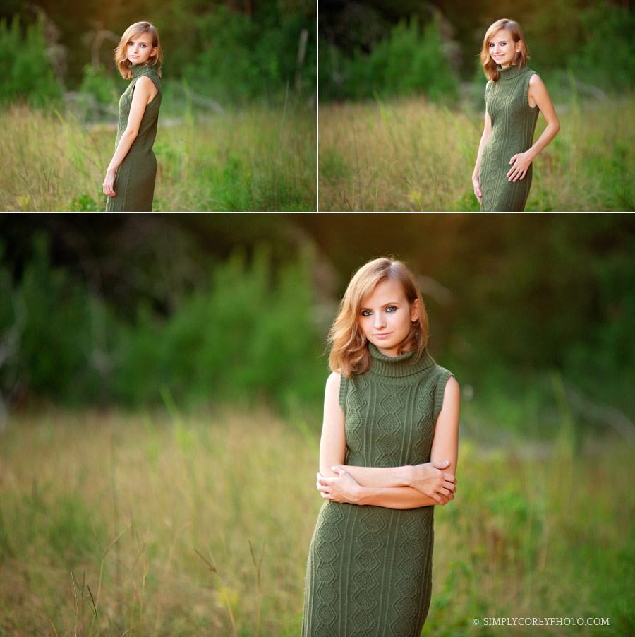 senior portrait photographer near Atlanta, teen girl outside in green