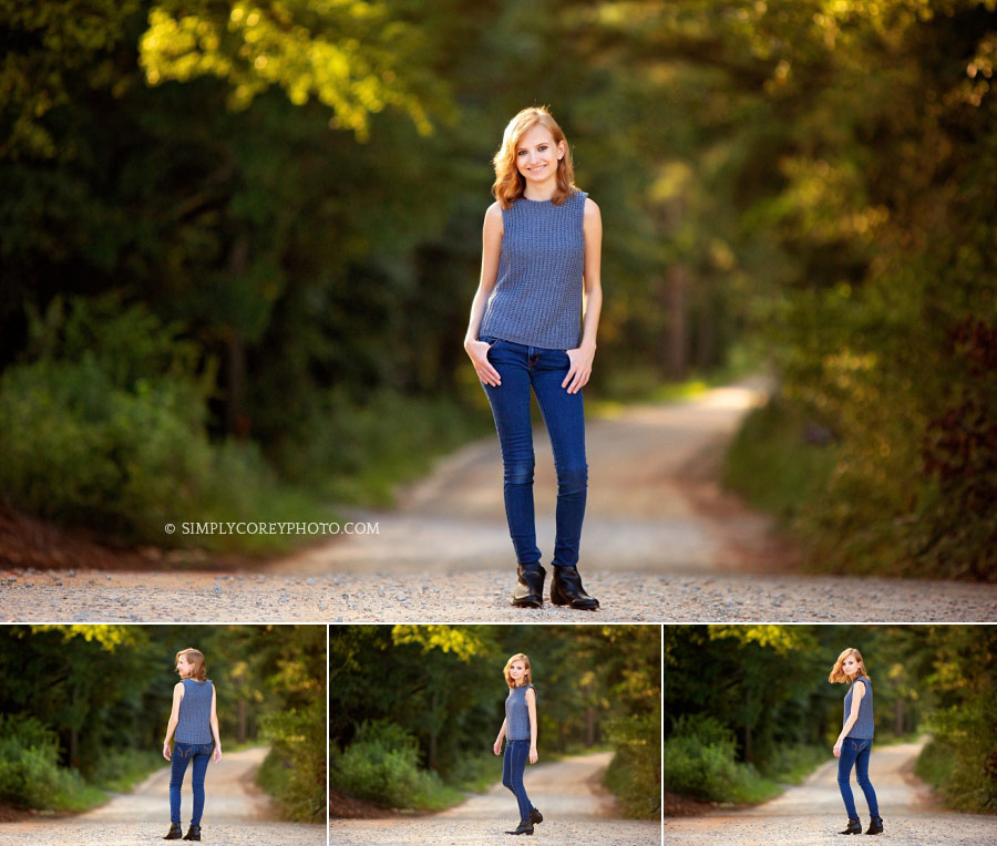 senior portraits near Newnan, teen girl standing on a country road