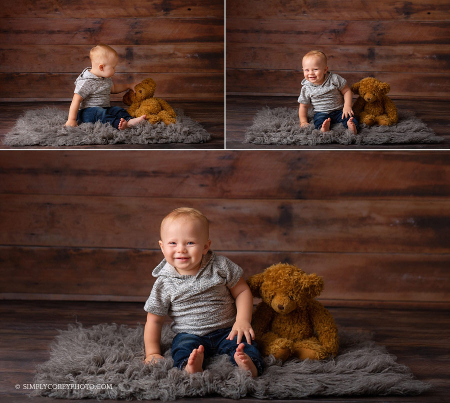 baby photography Carrollton, Georgia; one year old with a teddy bear