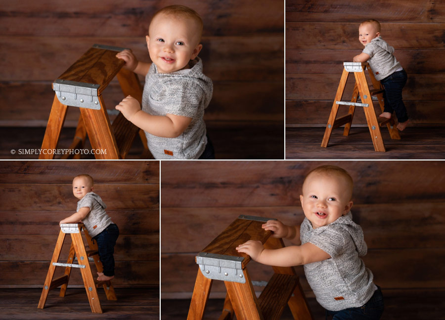 Douglasville baby photographer, one year old boy smiling on a ladder