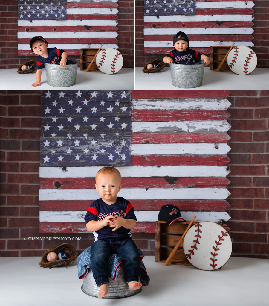 Villa Rica baby photographer, boy with an America flag and baseballs
