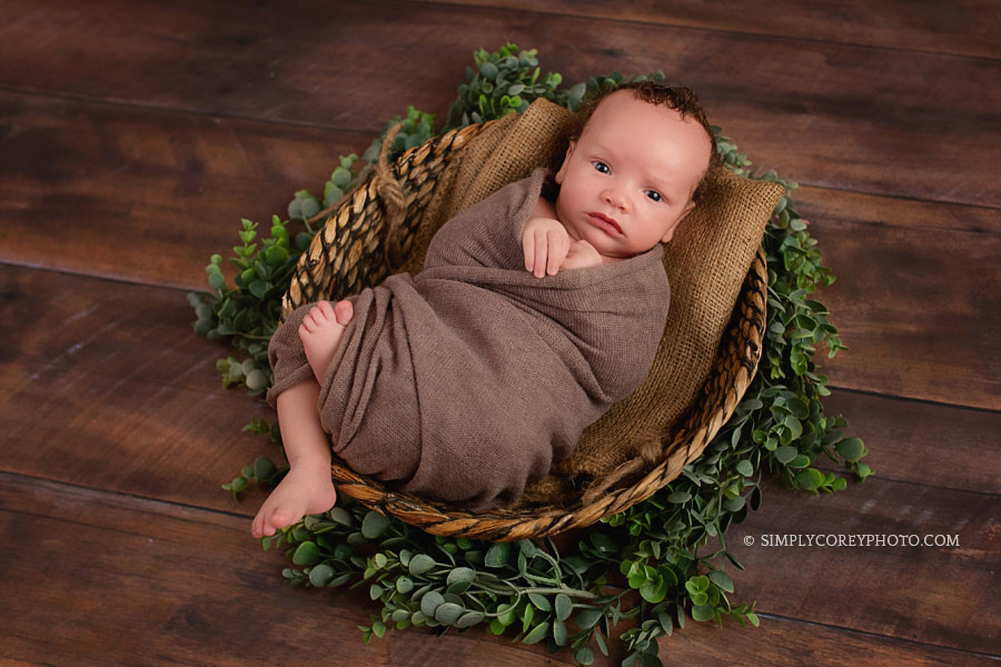 Carrollton newborn photographer, baby boy in a basket with greenery