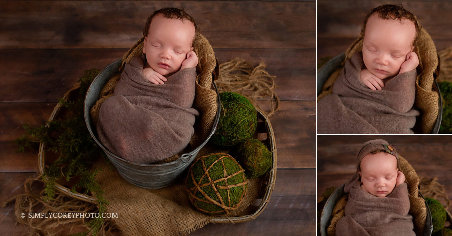 Douglasville newborn photographer, baby boy in a bucket with burlap