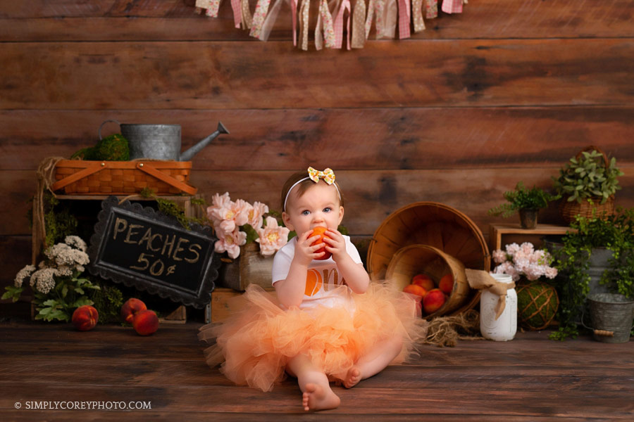 Atlanta cake smash photographer, baby girl with a Georgia peach theme
