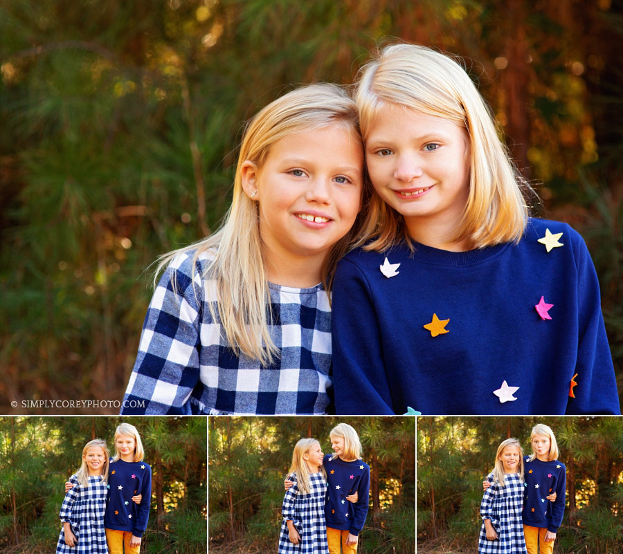Carrollton family photographer, sisters in blue outside