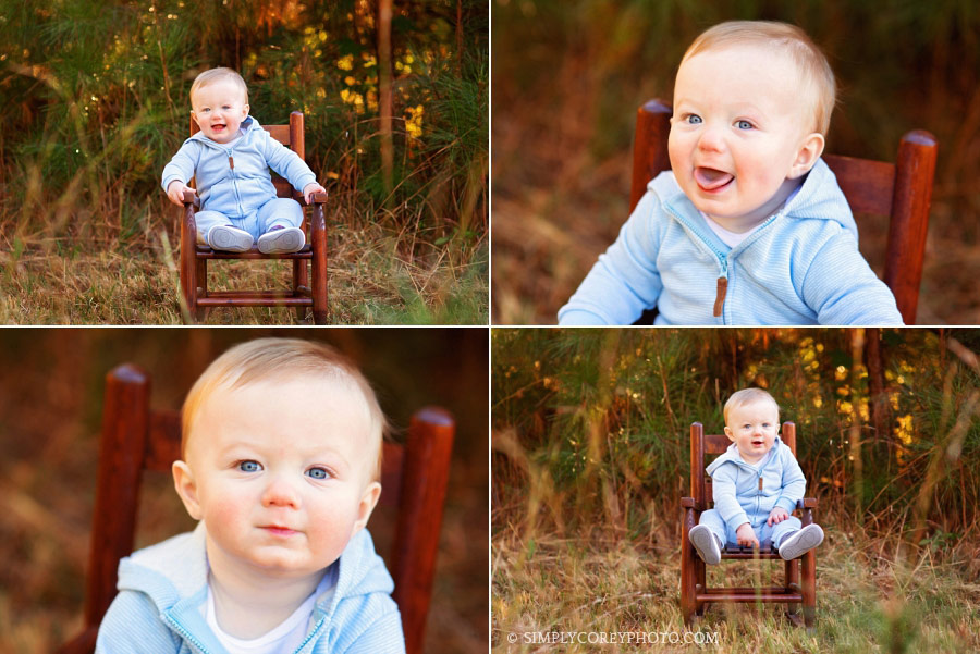 Villa Rica baby photographer, boy outside in rocking chair