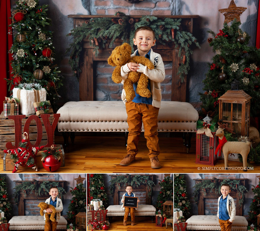 Carrollton Christmas mini session, boy in studio with a teddy bear